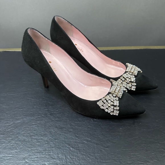kate spade Shoes - Kate Spade Lissie Black Suede Style Rhinestone Bow Kitten Heels Sz 6